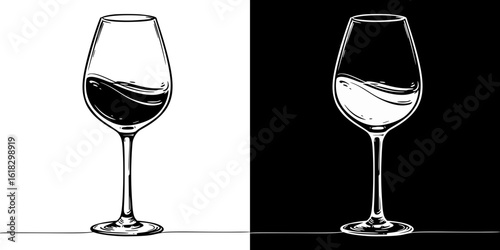 Isolated vector image of a wine glass, pencil drawing, two design variants on transparent and black background, chalk drawing

