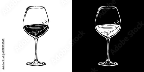 Pencil drawing of wine glass, pencil drawing, isolated vector image, two design variants on transparent and black background, chalk drawing
