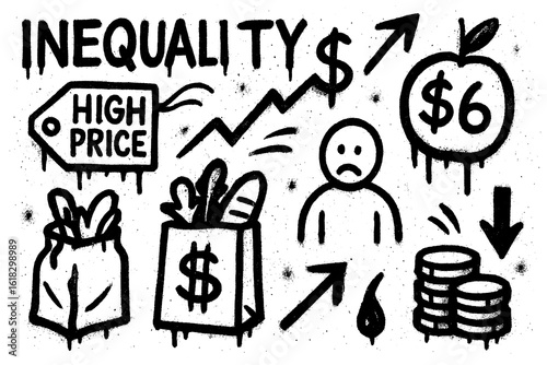 Φωτογραφία Graffiti icons of social inequality, cost of living, money bags, taxes, and low