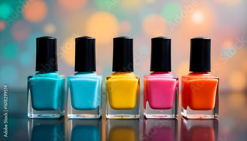 Five colorful nail polish bottles in a row with bokeh lights