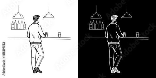 Man standing at bar counter holding a drink in pencil drawing style, isolated vector image, two design variants on transparent and black background, chalk drawing
