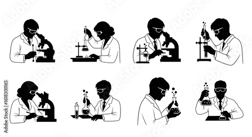 Silhouettes of scientists conducting experiments with microscopes and lab equipment in a laboratory