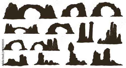 Silhouette illustration of various rock formations and arches on a white background design element
