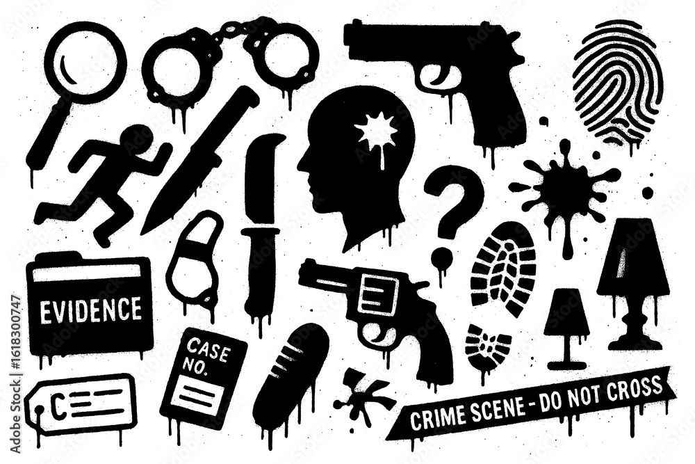 Fototapeta premium Crime investigation icons with weapons, evidence, and forensic elements in graffiti stencil style, Transparent Background