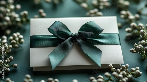 Elegant green ribbon bow on a simple white gift card
