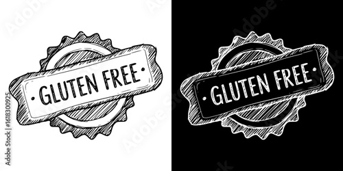 "Gluten free" badge design, isolated vector image, two design variants on transparent and black background, chalk drawing
