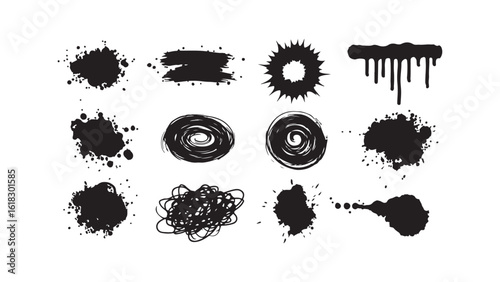 Brush strokes, splatter marks, ink blots, abstract shapes