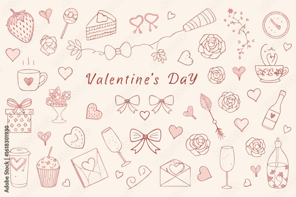 Hand Drawn Valentine s Day Doodles with Hearts Sweets and Romantic Elements in Pink Hand Drawn Valentine s Day Doodles with Hearts Sweets and Romantic Elements in Pink