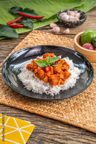 The Stir Fried Pork and Yard Long Bean with Curry Paste image for  Thai food concept.