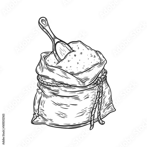 Sack with whole flour or sugar with scoop. Hand drawn sketch style. Vintage black vector engraving illustration for label, web, flayer bakery shop. Isolated on white background.