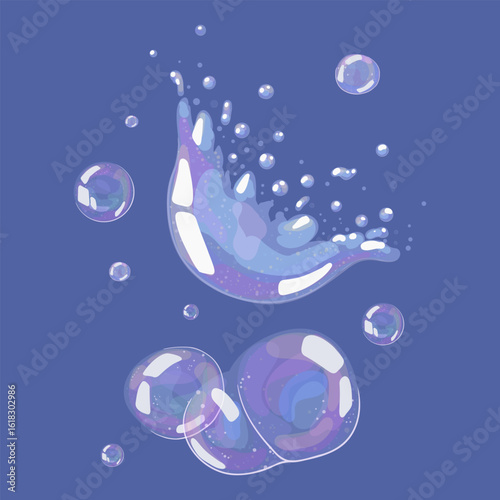 Bursting soap bubble, floating glossy spheres composition. Transparent illustration with rainbow glare captures fragile, fleeting moment. Vector print for beauty, hygiene and kids related visual