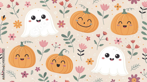 Seamless Halloween pattern featuring cute pastel watercolor ghosts smiling pumpkins autumn flowers