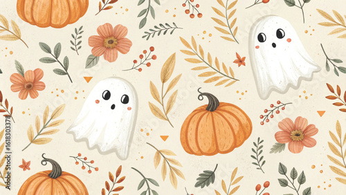 Seamless Halloween pattern featuring cute pastel watercolor ghosts smiling pumpkins autumn flowers