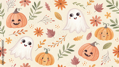 Seamless Halloween pattern featuring cute pastel watercolor ghosts smiling pumpkins autumn flowers