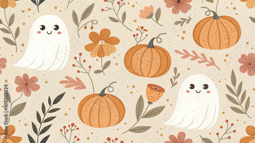 Seamless Halloween pattern featuring cute pastel watercolor ghosts smiling pumpkins autumn flowers