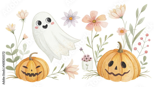 Seamless Halloween pattern featuring cute pastel watercolor ghosts smiling pumpkins autumn flowers