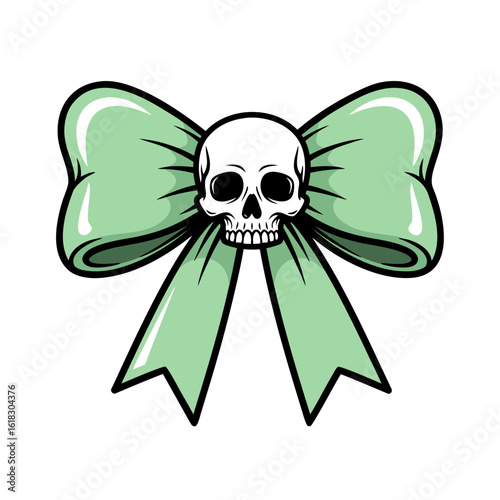 Creepy Cute Green Bow with Stylized Skull in Gothic Kawaii Punk Style for Halloween Vector Illustration
