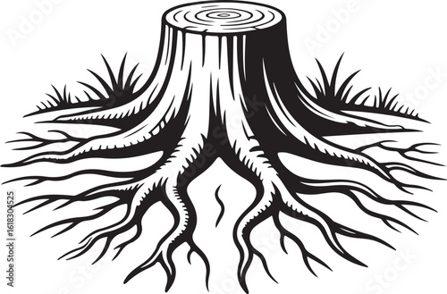 Tree stump with exposed roots and grass nature black and white