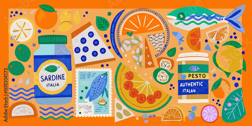 Vibrant italian food collage with sardines and pesto