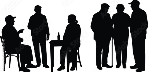 Silhouette of people socializing around table with standing observers, casual gathering
