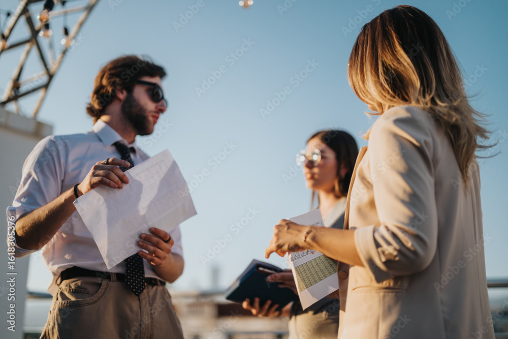 Obraz premium Team of people discussing ideas and reviewing documents outdoors during a sunset meeting.