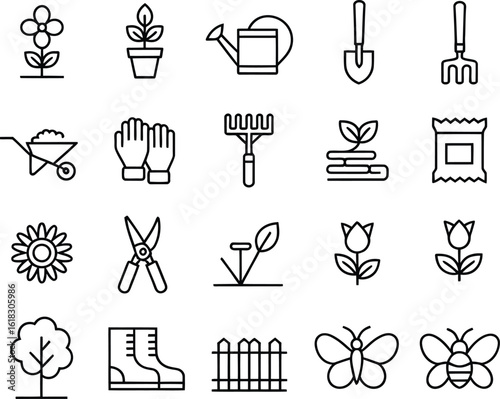 Simple Line Icons for Gardening and Landscaping.This set of line icons depicts various gardening tools, plants, and elements.