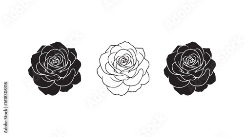 Rose flower outlines and solid shapes monochrome collection