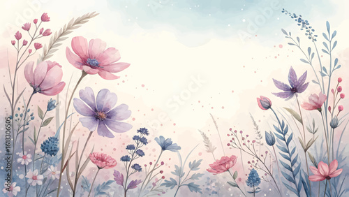 Soft watercolor painting of delicate wildflowers in a meadow at dawn.