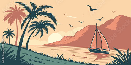 Seascape Sunset Illustration with Sailboat and Palm Trees for a Tropical Paradise Vibe Perfect for Summer Getaways and Travel Posters