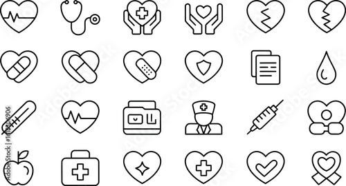 Heart Health Care Icons: Line Art Medical Symbols Set,  Vector Illustration.