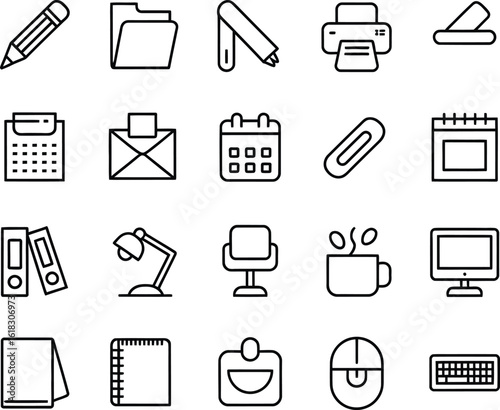 Modern Office Supplies Icons: Minimalist Black Line Art, Clean Design, Professional Mood.