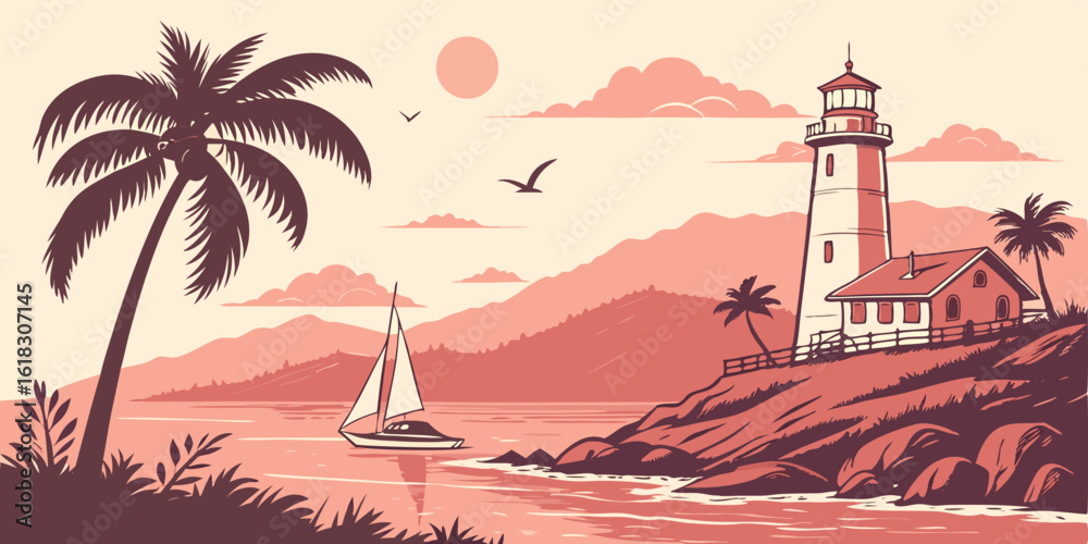 Obraz premium Coastal Paradise with Lighthouse Palm Trees and Sailing Boat for a Tranquil Vacation Getaway Scene