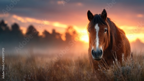 A beautiful brown horse stands majestically in a foggy field at sunset, capturing the serenity and grace of nature in a stunning golden hour light.