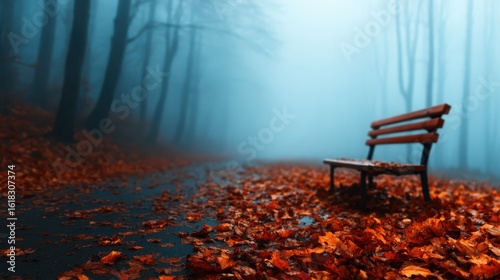 An empty wooden bench sits along a misty pathway blanketed with autumn leaves, creating a serene and melancholic atmosphere perfect for reflection.