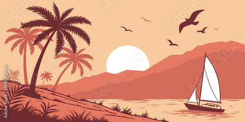 Serene Tropical Island Sunset Scene with Palm Trees Sailboat and Mountains in Silhouette Offering a Sense of Peace and Tranquility