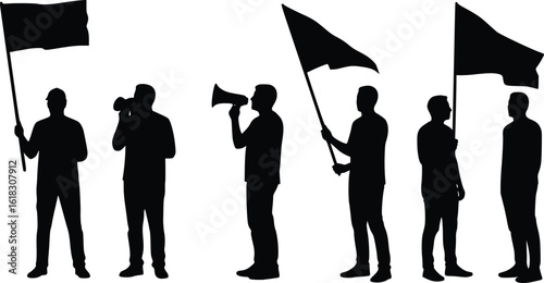 Silhouette illustration of a protest group with flags and a megaphone symbolizing unity