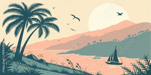 Tropical Island Landscape with Palm Trees Sailboat and Sunset a Serene Vector Illustration for Travel and Vacation Concepts