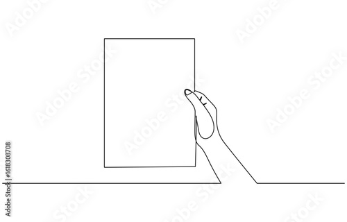 Continuous one line drawing of hand holding a paper vector illustration. Editable outline