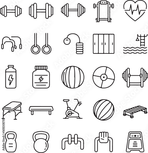 Diverse Array of Gym Equipment Icons Depicting Various Fitness Activities and Training Modalities for Health and Wellness
