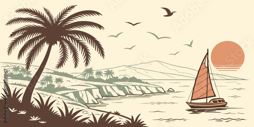 Tropical Island Getaway with Sailboat Palm Trees and Coastal Cliffs Serene Ocean View Vacation Retreat