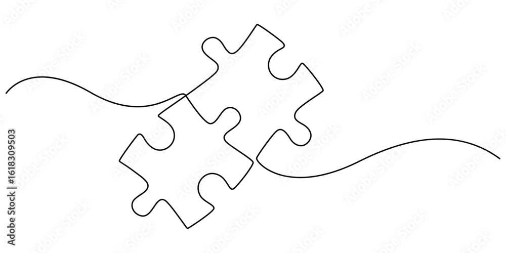 Continuous single line drawing of two puzzle jigsaw pieces. One line drawing of puzzle pieces for ideas, Continuous one line drawing of two puzzle pieces. Isolated. Vector, Two connected puzzles pro.