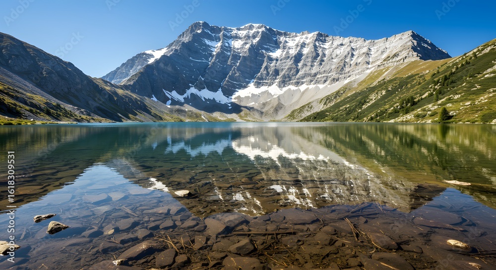 Naklejka premium Majestic mountain reflected in a pristine alpine lake.