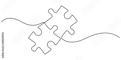 Continuous single line drawing of two puzzle jigsaw pieces. One line drawing of puzzle pieces for ideas, Continuous one line drawing of two puzzle pieces. Isolated. Vector, Two connected puzzles pro.