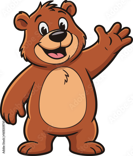 A friendly cartoon brown bear character standing and waving a paw. Cute grizzly cub mascot smiling happily in a vector illustration.