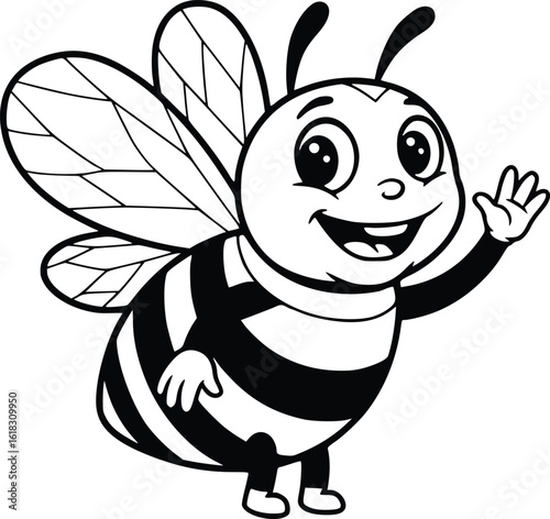 Cute cartoon bee smiling and waving with big eyes, black stripes, and playful expression
