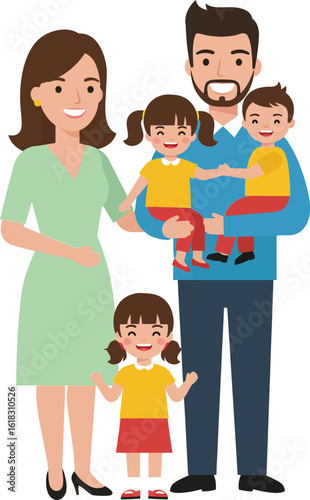 Happy family with father mother and three children smiling together in casual clothes vector illustration