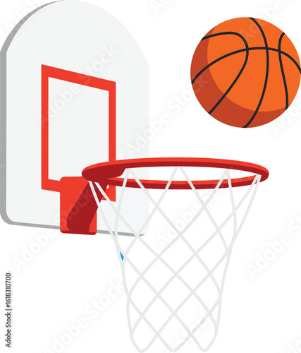 Basketball hoop and orange basketball vector illustration with net and backboard design for sports and recreation