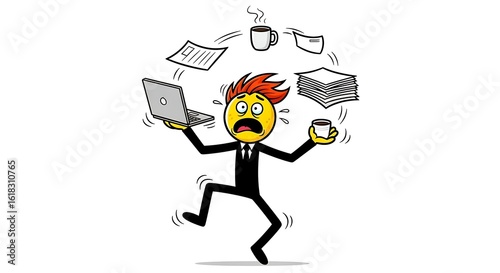 Cartoon businessman juggling office items with anxious expression and shaky legs