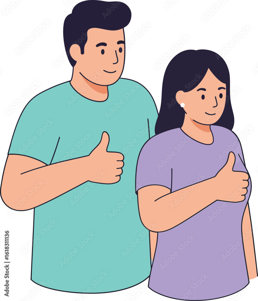 Fototapeta premium Young man and woman showing thumbs up gesture in casual clothing positive approval vector illustration