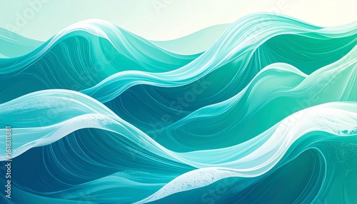 Abstract Flowing Ocean Waves With Cyan And Teal Colors In The Sunlight